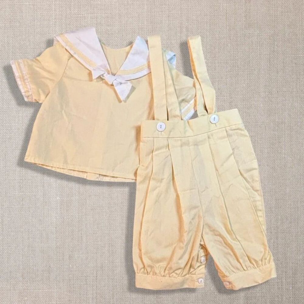 Vintage 80s Rici Boys 2T Yellow Sailor Suit Suspender Romper Nautical USA